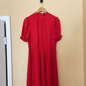 Red Midi Dress with Black Polka Dots, Puff Sleeve, Ruffle Detail, Vintage-Inspo